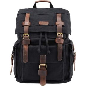 Kattee Men's Leather Canvas Backpack Large Bag Travel Rucksack Black