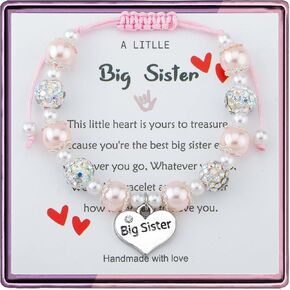 Big Sister Bracelet Gifts for Little Girls, Pink Pearl Beads Big Sister Heart Charm Bracelet Promoted to Big Sister Gift for Teen Girls