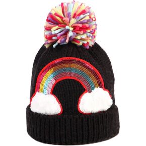 Little Girls Winter Sequin Rainbow Beanie Hat with Pom Pom Knit Cap for Kids Baby Toddler