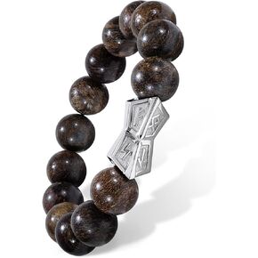 AWNL Men's Beaded Bracelet with Sterling Silver Engraved Runes Charm 12mm Bronzite Dumortierite Obsidian Natural Gemstone Gift for Men, 6.3''-8'' in Saudi Arabia