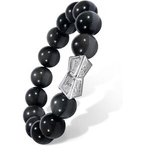 AWNL Men's Beaded Bracelet with Sterling Silver Engraved Runes Charm 12mm Bronzite Dumortierite Obsidian Natural Gemstone Gift for Men, 6.3''-8''