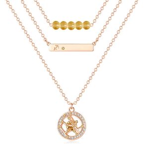 Dainty Layered Zodiac Necklaces for Women, 18K Rose Gold Plated, Bead Bar Y Pendant Multilayer Necklace, Birthstone Crystals Horoscope, Layering Minimalist Jewelry Birthday Gifts for Wife Mom Girls