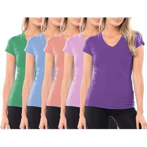 Sexy Basics Women's 5 & 10 Pack Casual & Active Cotton Stretch V Neck Short Sleeve Shirts