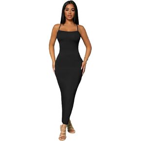 Verdusa Women's Criss Cross Backless Spaghetti Strap Long Cami Bodycon Dress