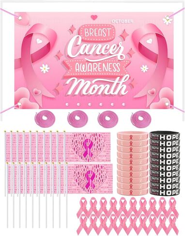 AILAIKE 65PCS Breast Cancer Awareness,Flag, Pins, Hand Flags, Wristbands,Pink Ribbon Awareness Day Kit in Saudi Arabia