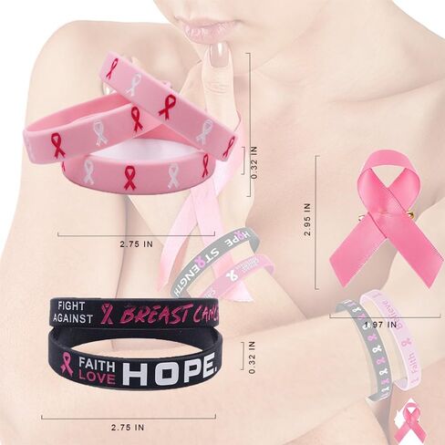 AILAIKE 65PCS Breast Cancer Awareness,Flag, Pins, Hand Flags, Wristbands,Pink Ribbon Awareness Day Kit in Saudi Arabia