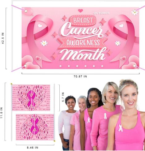 AILAIKE 65PCS Breast Cancer Awareness,Flag, Pins, Hand Flags, Wristbands,Pink Ribbon Awareness Day Kit in Saudi Arabia