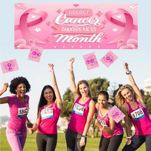 AILAIKE 65PCS Breast Cancer Awareness,Flag, Pins, Hand Flags, Wristbands,Pink Ribbon Awareness Day Kit in Saudi Arabia