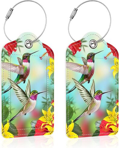 iapodiad 2 Pack Luggage Tags for Suitcases,Hummingbird Red Hibiscus Luggage Tag,PU Leather Id Label Luggage Tags with Stainless Steel Loop and Privacy Cover for Women Men Teens Travel in Saudi Arabia