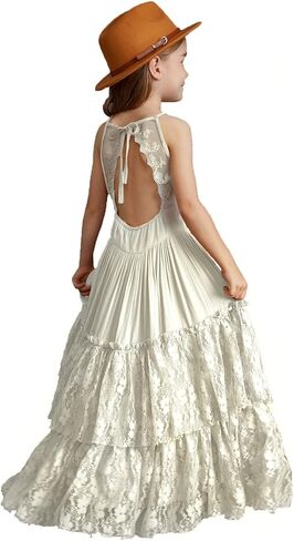 Girls Kids Lace Back Full-Length Backless Tulle Party Holiday Flower Girl Dress Size 4-14 in Kuwait