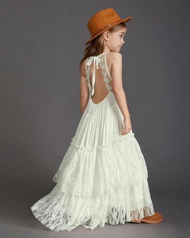 Girls Kids Lace Back Full-Length Backless Tulle Party Holiday Flower Girl Dress Size 4-14 in Kuwait