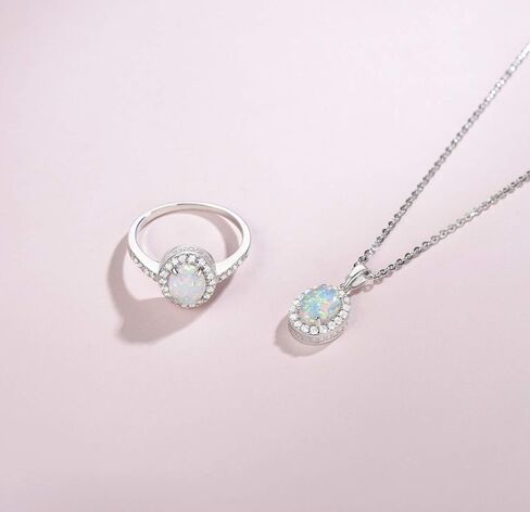 FANCIME Opal Jewelry Set Sterling Silver Oval Opal Ruby Necklaces White Opal Stud Leverback Earrings October Birthstone Fine Jewelry for Women in Kuwait