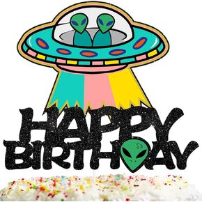 ET Happy Birthday Cake Topper Decorations with UFO for Alien Theme Picks for Kids Party Decor Supplies
