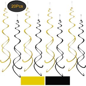 Aimto Black and Gold Party Swirl Decorations,Foil Ceiling Hanging Swirl Decorations, Whirls Decorations,Pack of 20