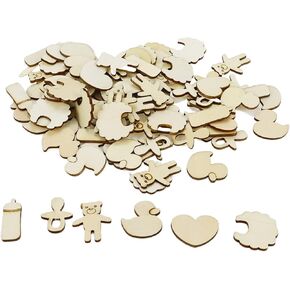 KUMGROT 100pcs Unfinished Wooden Ornament Mini Wood Pieces Starfish Dolphin Fish House Ship Shaped for DIY Craft Handmade Supplies (Marine Style)