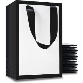 White and Black Gift Bags with Ribbon Handles, YACEYACE 20Pcs 8"x4.25"x10.5" Medium Size White and Black Paper Gift Bags for Party, Birthday,Baby Shower,Black Gift Bags Bulk, White Gift Bags Bulk