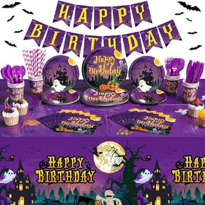 Pajean Pieces Halloween Birthday Party Set Banner Tablecloths Plates Cups Napkins Tableware Decorations for Kids Girls Boys Supplies, Serve 24 Guest in Kuwait