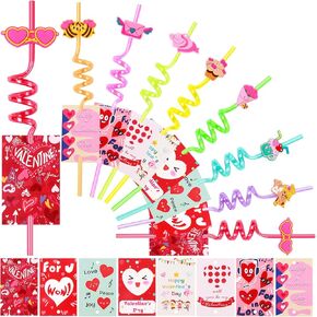 MAIAGO 24 عبوة من شفاطات الشرب القابلة لإعادة الاستخدام في عيد الحب مع قطعتين من فرش التنظيف و24 بطاقة لتبادل الفصول المدرسية للأطفال، هدايا حفلات عيد الحب للأطفال، حشوات لحقائب عيد الحب، 8 أنماط in Kuwait