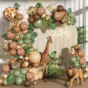 FOTIOMRG 162pcs الغابة سفاري بالون قوس مجموعة إكليل، حكيم الأخضر القهوة براون الحيوان طباعة بالونات أوراق النخيل لاستحمام الطفل الغابات الأولاد اثنين البرية زينة حفلة عيد ميلاد in Kuwait