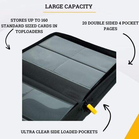 Card Guardian - Toploader 4 Pocket Premium Binder with Zipper for 160 Cards - Side Loaded Pockets - Compatible with Sports and Trading Cards TCG (Black) in Kuwait