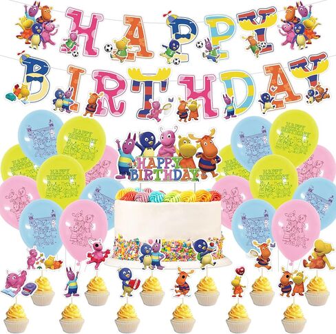 لوازم حفلات اعياد الميلاد من ذا باك يارديجانز تتضمن لافتة عيد ميلاد سعيد وبالونات لتزيين الكيك والكب كيك وديكور الحفلات الكرتونية in Kuwait