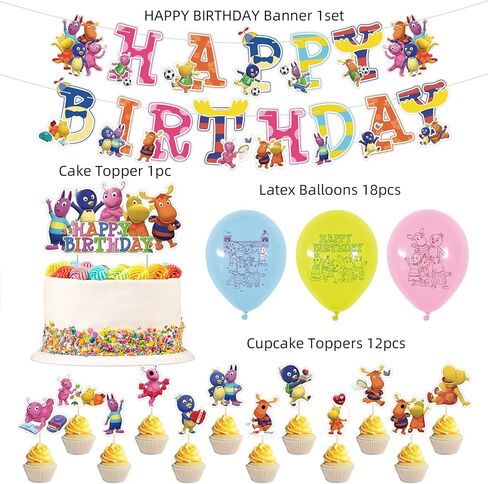 لوازم حفلات اعياد الميلاد من ذا باك يارديجانز تتضمن لافتة عيد ميلاد سعيد وبالونات لتزيين الكيك والكب كيك وديكور الحفلات الكرتونية in Kuwait