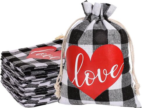 Whaline 25 Pack Valentine's Day Burlap Gift Bags Black White Buffalo Plaid Drawstring Bags Love Heart Prints Linen Pouches Sacks for Wedding Bridal Shower Party Favors Supplies, 5 x 7 Inch in Saudi Arabia