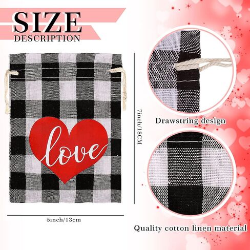 Whaline 25 Pack Valentine's Day Burlap Gift Bags Black White Buffalo Plaid Drawstring Bags Love Heart Prints Linen Pouches Sacks for Wedding Bridal Shower Party Favors Supplies, 5 x 7 Inch in Saudi Arabia