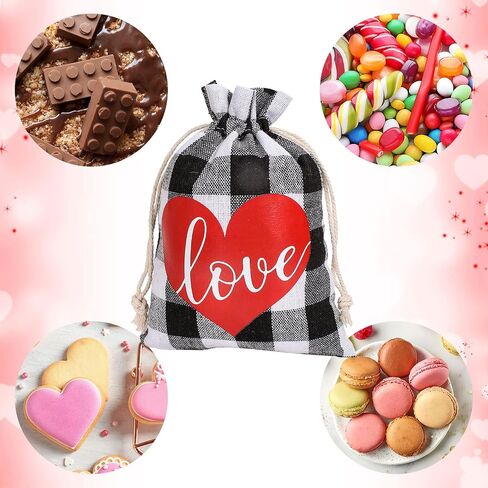 Whaline 25 Pack Valentine's Day Burlap Gift Bags Black White Buffalo Plaid Drawstring Bags Love Heart Prints Linen Pouches Sacks for Wedding Bridal Shower Party Favors Supplies, 5 x 7 Inch in Saudi Arabia