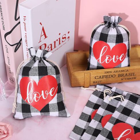 Whaline 25 Pack Valentine's Day Burlap Gift Bags Black White Buffalo Plaid Drawstring Bags Love Heart Prints Linen Pouches Sacks for Wedding Bridal Shower Party Favors Supplies, 5 x 7 Inch in Saudi Arabia