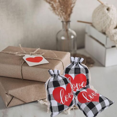 Whaline 25 Pack Valentine's Day Burlap Gift Bags Black White Buffalo Plaid Drawstring Bags Love Heart Prints Linen Pouches Sacks for Wedding Bridal Shower Party Favors Supplies, 5 x 7 Inch in Saudi Arabia