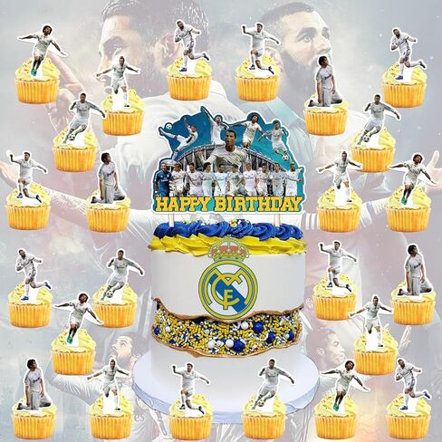 Real Madrid CF Cake Decorations, 25 PCS Soccer Theme Cupcake Toppers, Real Madrid Birthday Party Cake Decorations for Boys and Girls Fans Party Decorations in Kuwait