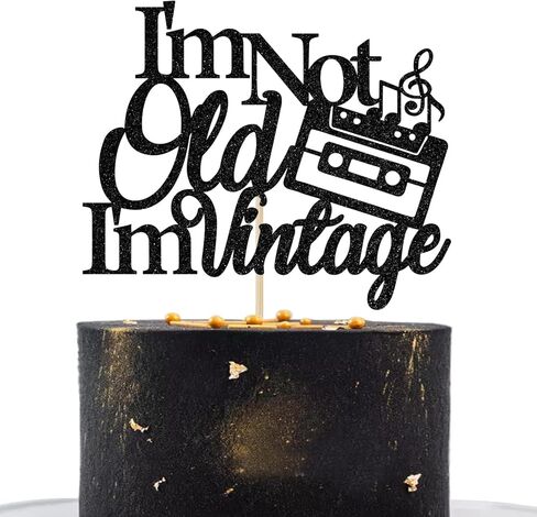 زينة كعكة بعبارة «I'm not Old I'm Vintage Birthday»، زينة كعكة عيد ميلاد سعيد، لوازم حفلات عيد الميلاد الاربعين والخمسين والستين والسبعين والثمانين، لون اسود لامع in Kuwait