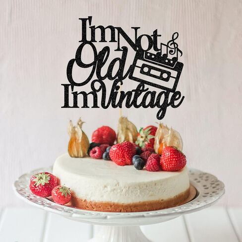 زينة كعكة بعبارة «I'm not Old I'm Vintage Birthday»، زينة كعكة عيد ميلاد سعيد، لوازم حفلات عيد الميلاد الاربعين والخمسين والستين والسبعين والثمانين، لون اسود لامع in Kuwait