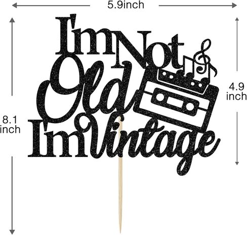 زينة كعكة بعبارة «I'm not Old I'm Vintage Birthday»، زينة كعكة عيد ميلاد سعيد، لوازم حفلات عيد الميلاد الاربعين والخمسين والستين والسبعين والثمانين، لون اسود لامع in Kuwait