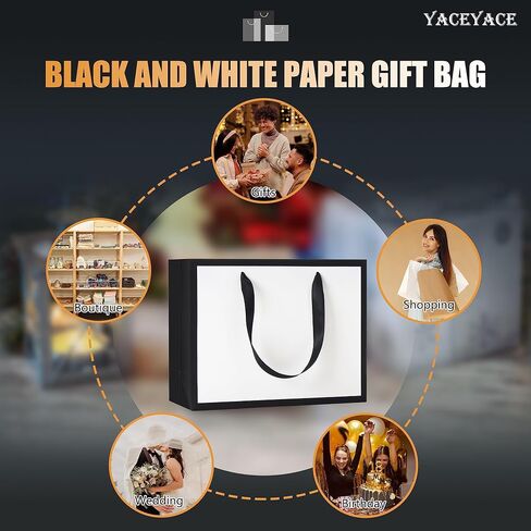 حقائب هدايا باللونين الأبيض والأسود مع مقابض شريطية، 20 قطعة من YACEYACE مقاس 10.5 بوصة × 4.25 بوصة × 8 بوصة، حقائب هدايا ورقية باللونين الأبيض والأسود متوسطة الحجم للحفلات، وأعياد الميلاد، وحفلات استقبال المولود الجديد، وحفلات الزفاف، والتسوق، وتجارة الت in Kuwait