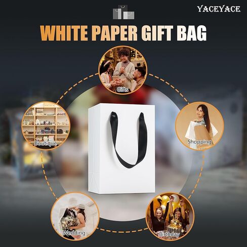 حقائب هدايا باللونين الأبيض والأسود مع مقابض شريطية، 20 قطعة من YACEYACE مقاس 10.5 بوصة × 4.25 بوصة × 8 بوصة، حقائب هدايا ورقية باللونين الأبيض والأسود متوسطة الحجم للحفلات، وأعياد الميلاد، وحفلات استقبال المولود الجديد، وحفلات الزفاف، والتسوق، وتجارة الت in Kuwait