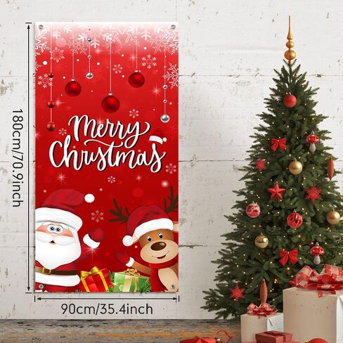 Christmas Door Cover Decorations, Fabric Merry Christmas Santa Claus Reindeer Ornament Ball Sign Front Door Hanging Cover Backdrop Outdoor Banner for Merry Christmas Winter Holiday Party Supplies,Red in Saudi Arabia