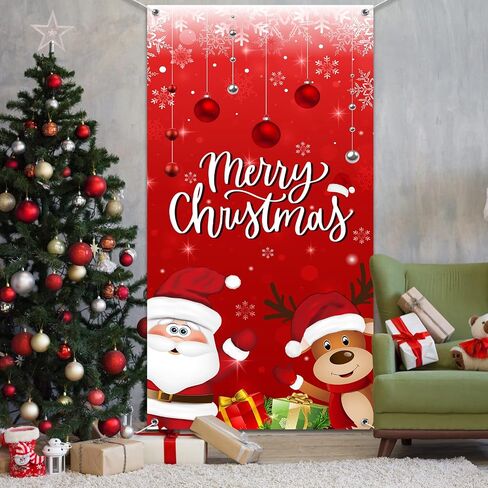 Christmas Door Cover Decorations, Fabric Merry Christmas Santa Claus Reindeer Ornament Ball Sign Front Door Hanging Cover Backdrop Outdoor Banner for Merry Christmas Winter Holiday Party Supplies,Red in Saudi Arabia