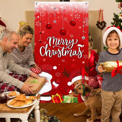 Christmas Door Cover Decorations, Fabric Merry Christmas Santa Claus Reindeer Ornament Ball Sign Front Door Hanging Cover Backdrop Outdoor Banner for Merry Christmas Winter Holiday Party Supplies,Red in Saudi Arabia