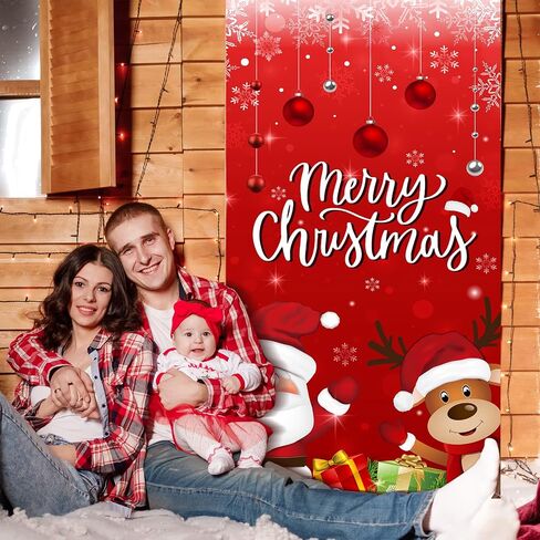 Christmas Door Cover Decorations, Fabric Merry Christmas Santa Claus Reindeer Ornament Ball Sign Front Door Hanging Cover Backdrop Outdoor Banner for Merry Christmas Winter Holiday Party Supplies,Red in Saudi Arabia