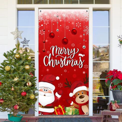 Christmas Door Cover Decorations, Fabric Merry Christmas Santa Claus Reindeer Ornament Ball Sign Front Door Hanging Cover Backdrop Outdoor Banner for Merry Christmas Winter Holiday Party Supplies,Red in Saudi Arabia
