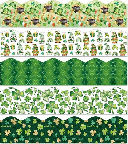 65 Feet St. Patrick's Day Bulletin Board Border Decoration Clover Gnome Spot Buffalo Plaid Scalloped Border 5 Styles 60Pcs Sticker Trim for Irish Day School Classroom Office Party Decor in Saudi Arabia