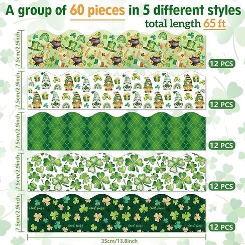 65 Feet St. Patrick's Day Bulletin Board Border Decoration Clover Gnome Spot Buffalo Plaid Scalloped Border 5 Styles 60Pcs Sticker Trim for Irish Day School Classroom Office Party Decor in Saudi Arabia
