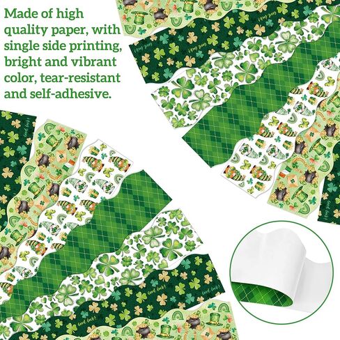 65 Feet St. Patrick's Day Bulletin Board Border Decoration Clover Gnome Spot Buffalo Plaid Scalloped Border 5 Styles 60Pcs Sticker Trim for Irish Day School Classroom Office Party Decor in Saudi Arabia