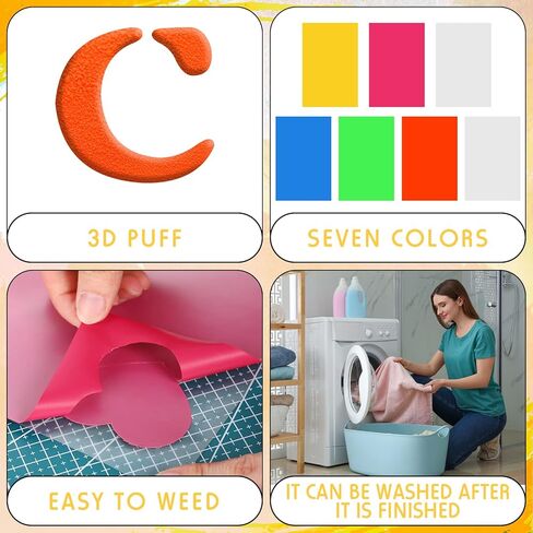 3D Puff Vinyl Heat Transfer Sheets 12" x 10" Glow in The Dark Iron on Vinyl Luminous Foaming Puff Fluorescent Heat Press Vinyl Bundles for DIY T Shirt Gifts Clothes, 7 Colors(28 Pcs) in Saudi Arabia