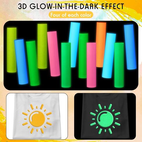 3D Puff Vinyl Heat Transfer Sheets 12" x 10" Glow in The Dark Iron on Vinyl Luminous Foaming Puff Fluorescent Heat Press Vinyl Bundles for DIY T Shirt Gifts Clothes, 7 Colors(28 Pcs) in Saudi Arabia
