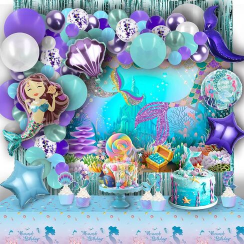PARTY SPOT!112 PCS Little Mermaid Party Decorations,Girls Mermaid Balloon Garland with Background Cloth,Tablecloth Mermaid Tail Balloon,Tassel Curtain Birthday Decorations in Kuwait