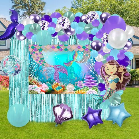 PARTY SPOT!112 PCS Little Mermaid Party Decorations,Girls Mermaid Balloon Garland with Background Cloth,Tablecloth Mermaid Tail Balloon,Tassel Curtain Birthday Decorations in Kuwait