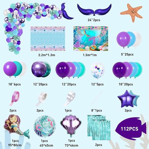 PARTY SPOT!112 PCS Little Mermaid Party Decorations,Girls Mermaid Balloon Garland with Background Cloth,Tablecloth Mermaid Tail Balloon,Tassel Curtain Birthday Decorations in Kuwait